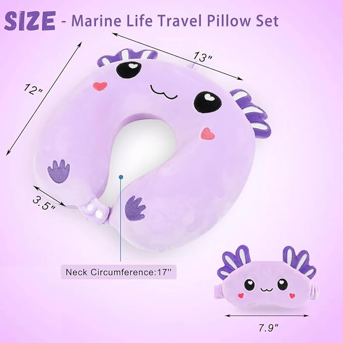 Travel Pillow, Kids Travel Pillow with Sleep Eye Mask Soft Memory Foam Kids Neck Pillow for Boys & Girls, Travel Accessories for Car Airplane Traveling - Purple Axolotl - Image 2