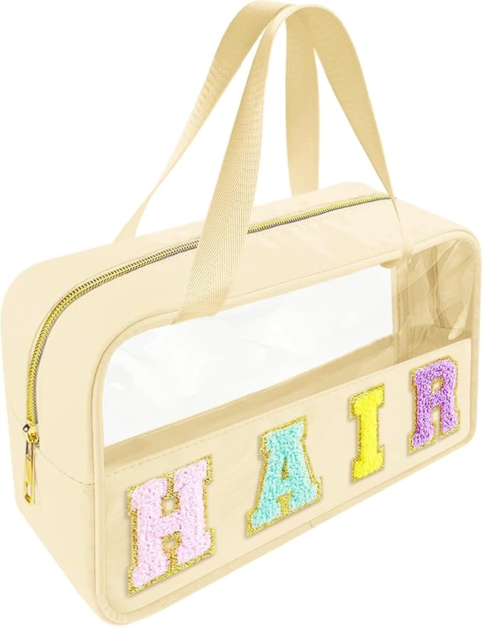 Bunliuys Chenille Letter Clear Makeup Bag Hair Patch, Travel Toiletry Makeup Bag with Handle, Nylon Waterproof Makeup Bags clear cosmetic bag, preppy patch makeup bag for Women (HAIR-Beige) by Bunliuys