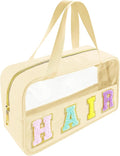 Bunliuys Chenille Letter Clear Makeup Bag Hair Patch, Travel Toiletry Makeup Bag with Handle, Nylon Waterproof Makeup Bags clear cosmetic bag, preppy patch makeup bag for Women (HAIR-Beige) by Bunliuys