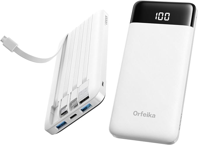 Orfeika Fast Charging Portable Charger Power Bank with Built-in 4 Cables | 10000mAh|Ultra-Slim&Light|Flight-Safe|Power 6 Devices at Once|Battery Pack For iPhone,Samsung,Google|Travel Essentials by Orfeika