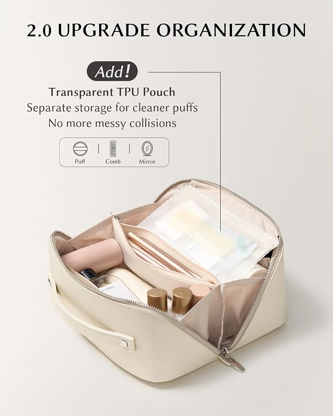 EACHY Travel Makeup Bag, PU Leather Cosmetic Bag for Women, Pearl White | PU leather organizer opens flat with two TPU brush pockets and divided storage for makeup, skincare, toiletries and travel - Image 3