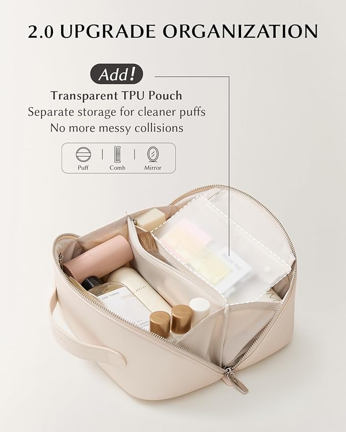 EACHY Travel Makeup Bag for Women, Flat Open Cosmetic Bag, Beige, Medium | Flat-open cosmetic organizer with clear TPU brush pocket and extra storage for makeup, toiletries and travel essentials - Image 3