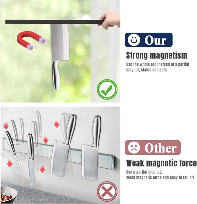 Dmore magnetic knife holder for wall—with 4 hooks, No Drilling 23 Inch black knife magnetic strip, Powerful knife magnet rack, include Adhesive Tape and screws for Knives, Utensils, and Tools - Image 3