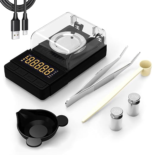Digital Milligram Scale 50g/0.001g, Compact Mg Scale, 2 x 20g Weights | Black Powder Scale for Reloading, 6 Units, Tare, Counting, USB/Battery Powered, for Jewelry, Gold, and other micro items by Maxusprecisionscale