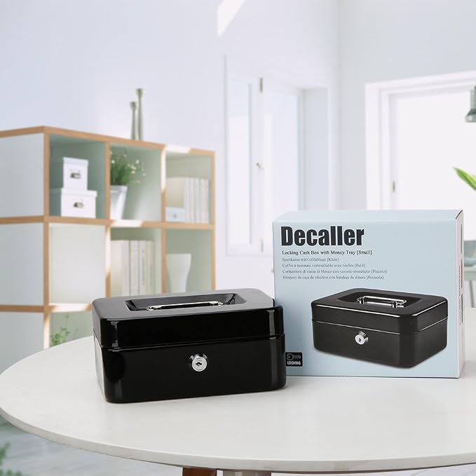 Decaller Cash Box with Money Tray, Medium Metal Locking Money Box with Key Lock for Security, 7.87" x 6.30" x 3.54", Black - Image 6