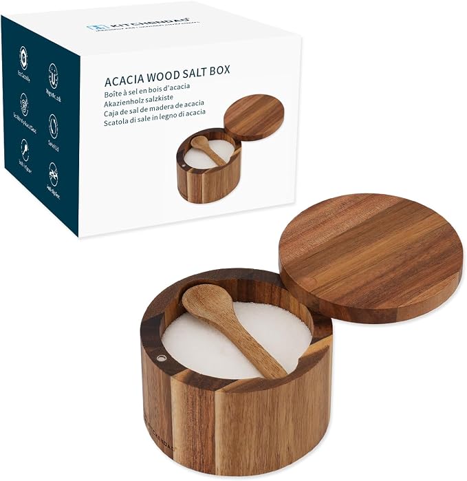 KITCHENDAO Acacia Wood Salt Cellar Bowl Box with Built-in Spoon to avoid Dust, Elegant Kitchen Salt Container Holder with Swivel Magnetic Lid to Storage Pepper Spice Bath Salt Sea Salt, 6OZ by KITCHENDAO
