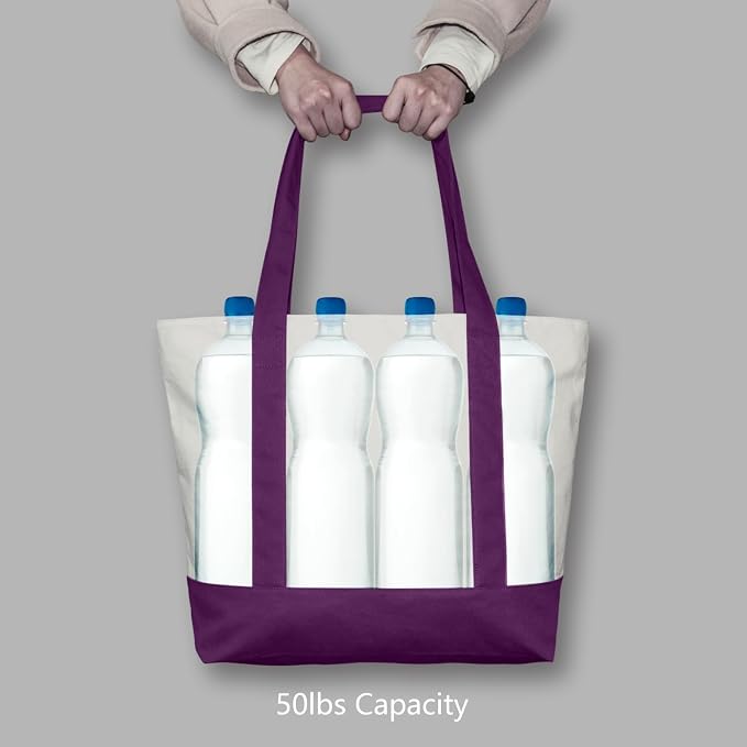 TOPDesign 3-Pack Canvas Tote Bags with an External Pocket, Reusable Grocery Shopping Bags, Top Zipper Closure, Daily Essentials (Purple/Natural) - Image 6