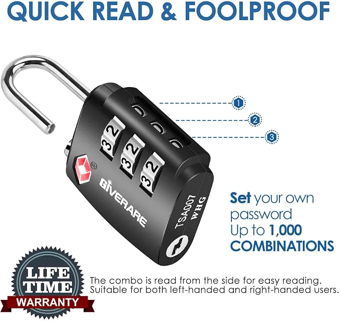 2 Pack TSA Approved Travel Luggage Locks, Combination Lock Alloy Body, Keyless 3-Digit Padlocks, Travel Sentry Accepted Compatible Padlock for Gym Locker, Golf Bag Case, Backpack, Black-by GIVERARE - Image 4