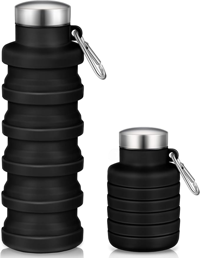 Baderke Collapsible Water Bottles 17oz Travel Sports Portable Water Bottle with Portable Buckle Silicone Lightweight Reusable Leakproof for Camping Hiking Yoga Outdoor (Black) by Baderke