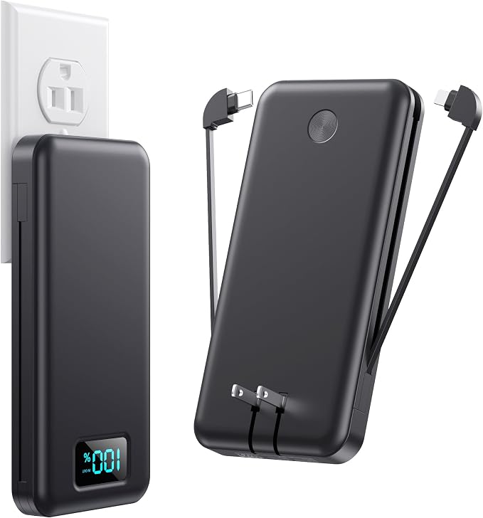 Portable Charger with Built-in AC Plug and Cables,13800mAh USB C Fast Charging Power Bank,Travel Essentials Portable Phone Charger Battery Pack for iPhone 17/16/15/14/13,Galaxy,Android-Graphite Black by YHO