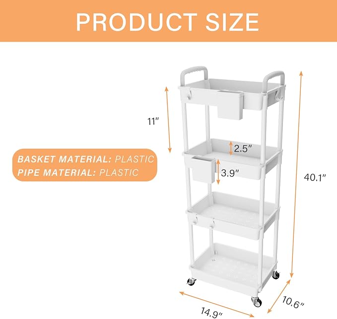 4 Tier Rolling Utility Cart with Handle,REBECAT Utility Cart Made of Multifunctional Storage Organizer Tool for Kitchen,Bathroom,Living Room,Office(White) - Image 5