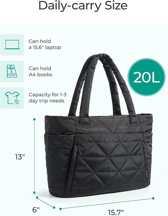 BAGSMART Tote Bag for Women, Puffer Tote Bag with Zipper, Large Quilted Shoulder Bag with Compartments for Travel, Work, Gym - Image 4