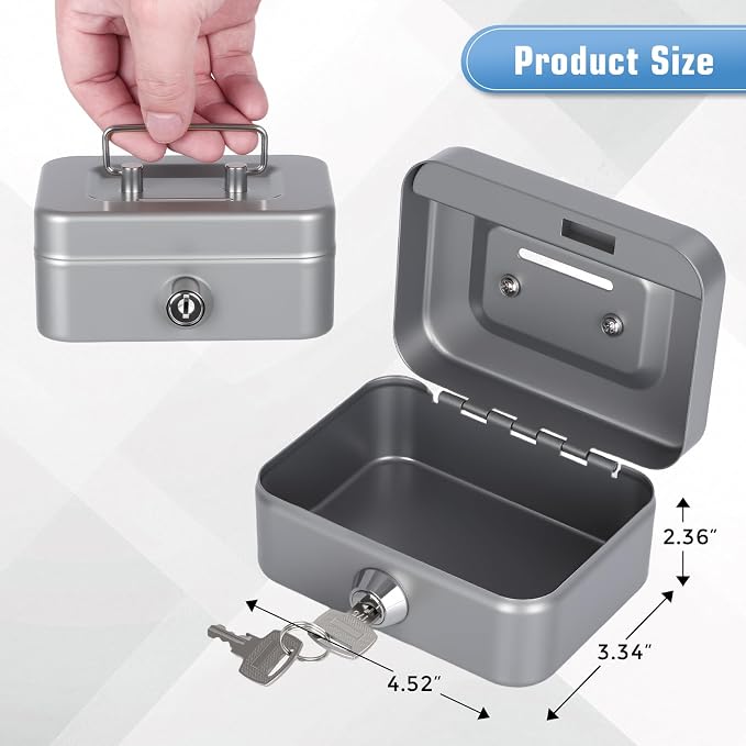 Cash Box with Lock Small Cute Coin Lock Box with Money Slot Mini Portable Gamble Safe Box 4.5"x3.4"x2.4" Grey - Image 3