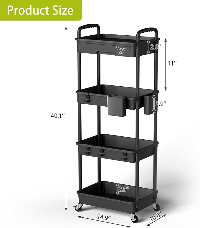 Sorgion 4 Tier Rolling Cart Organizer,Art Craft Diaper Bedside Snack Laundry Room Bathroom Organizer Narrow Thin Slim Rolling Trolley Utility Cart with Wheels for Kitchen,Office(Black) - Image 3