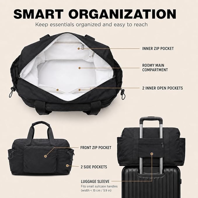Foldable Travel Duffel Bag,Packable Weekender Bag with Luggage Sleeve, 35L-45L Expandable Overnight Carry-On Tote with Padded Shoulder Strap, Lightweight Nylon Extra Bag for Travel - Image 4