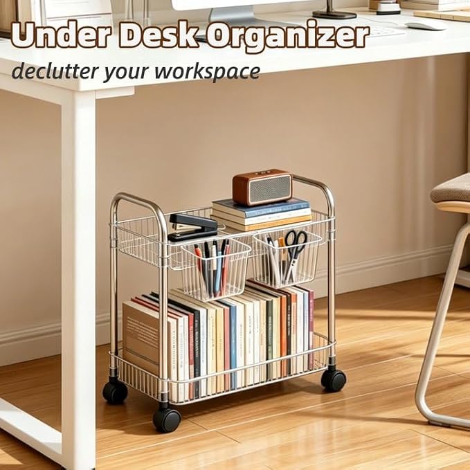 2 Tier Utility Rolling Cart with Wheels Sofa Side Table Small Under Desk Storage Organizer, Clear Acrylic Plastic Mobile Trolley Organization Storage Cart for Kitchen Pantry Bathroom Vanity - Image 7