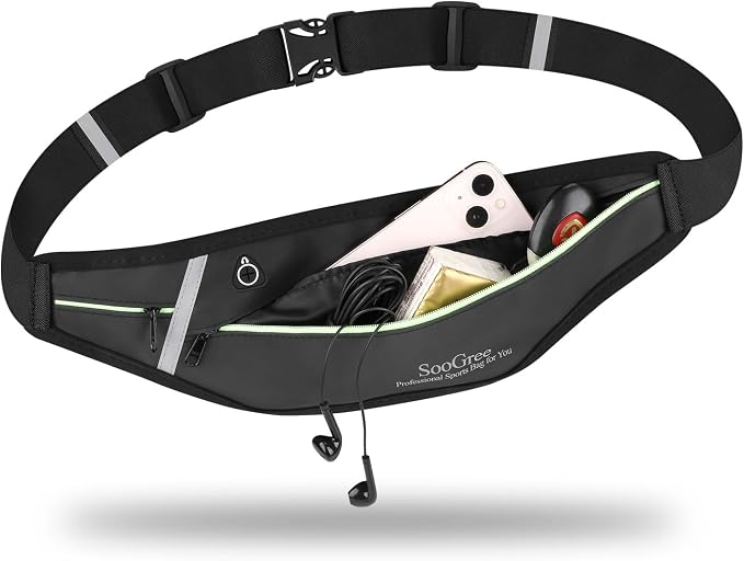 SooGree Slim Running Belt Fanny Packs for Women Men,Water Bottle Holder Hydration Fanny Pouch,Waterproof Sport Waist Pack with Reflective Strip,Runner Belt Bag for Running Cycling Camping Gym (Black) by SooGree