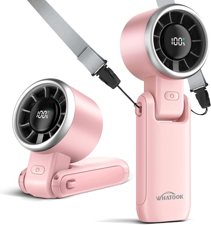 WHATOOK Portable Handheld Turbo Fan: 12m/s Strong Wind Mini Fan for Makeup & Lash, 4000mAh Battery Operated Rechargeable Personal Fan with LED Display, 3 in 1 Foldable Small Fan for Concerts, (Pink) by FashionCaring-MakeitYours