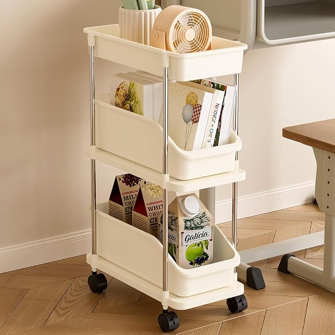 Slim Storage Cart 3 Tier Slim Rolling Utility Cart with Pull-Out Baskets & Wheels for Narrow Space in Kitchen Dining Room Bathroom Laundry Room Cream White (Width 6.3 Inches) - Image 5