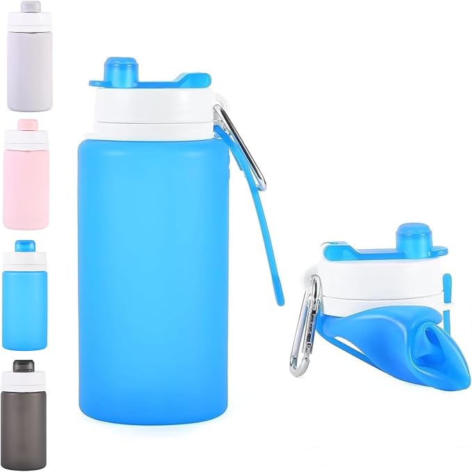 Collapsible Water Bottles 19oz with Spout & Carabiner, Odorless BPA-Free Silicone, Leak-Proof Foldable Reusable Bottle - Perfect for Travel Sports Gym Hiking Camping Cycling - Clear Blue by VadoWorld