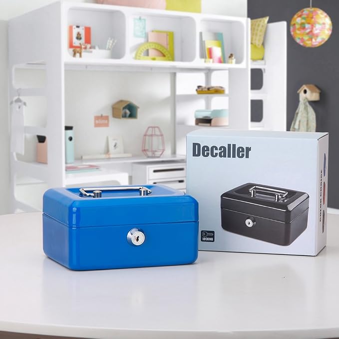 Decaller Small Cash Box with Key Lock, Double Layer Metal Money Box for Home Security, Portable Locking Box, 5.9" x 4.7" x 3.2", Blue - Image 6
