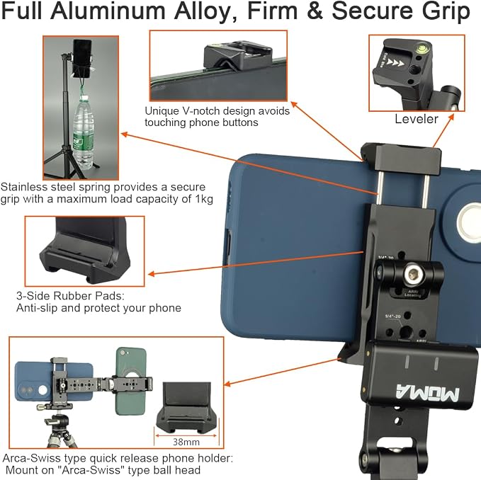Metal Phone Camera Mount Holder with 1/4” Locating Screw for ARRI, Universal Phone Tripod Mount Adapter with Cold Shoe for iphone 17/16/15, 360° Swivel 230° Tilt Tripod/Camera Phone Holder Support - Image 6