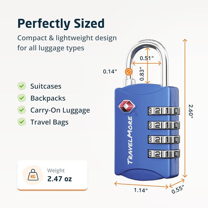 Luggage Locks TSA Approved, 4-Digit Travel Combination Locks | TSA Accepted, Easy to Use, Compact, Lightweight, Durable, Zinc Alloy Body, for Suitcases, Backpacks, Zippers, 5-Pack, Blue - Image 2