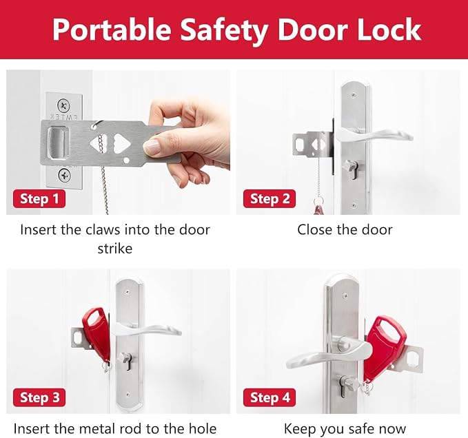 Portable Travel Door Lock, No Tool Hotel Door Latch, Red, 1 Pack | Stainless Steel Lock Plate, Installs At The Door Latch Without Tools, Compact Design For Hotels, Apartments And Dorm Rooms - Image 8