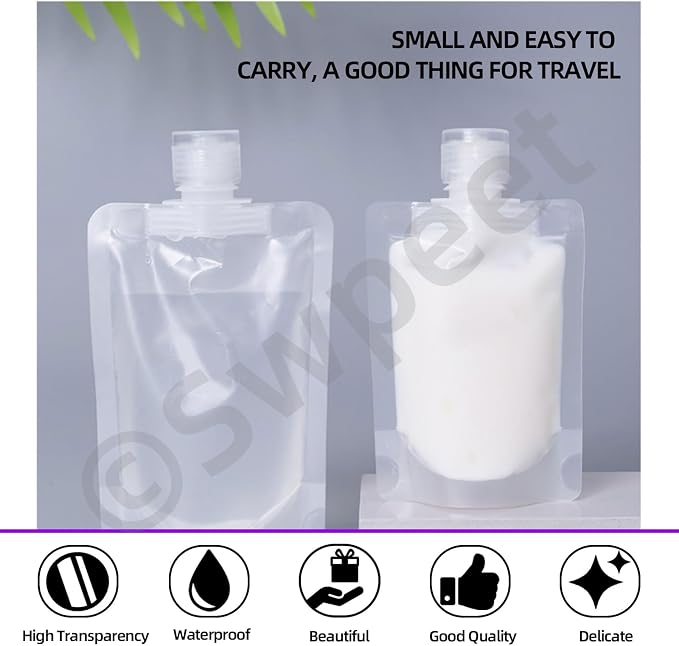 Swpeet 24 Pack 3 Sizes 30ML 50ML 100ML Travel Pouches with Label Paper Assortment Kit, Empty Squeeze Pouches TSA Approved Stand Up Pouch for Toiletry, Portable Travel Fluid Makeup Packing Bag - Image 5