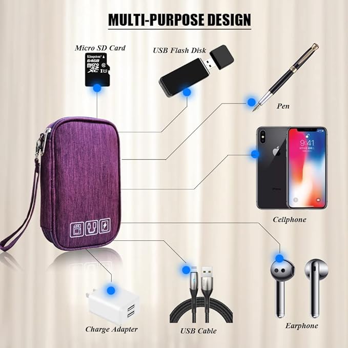 Electronic Organizer Bag Cable Organizer Travel Cord Organizer Case Pouch Portable Carrying Case for Charger Hard Drive Earphone USB SD Card (Purple) - Image 6