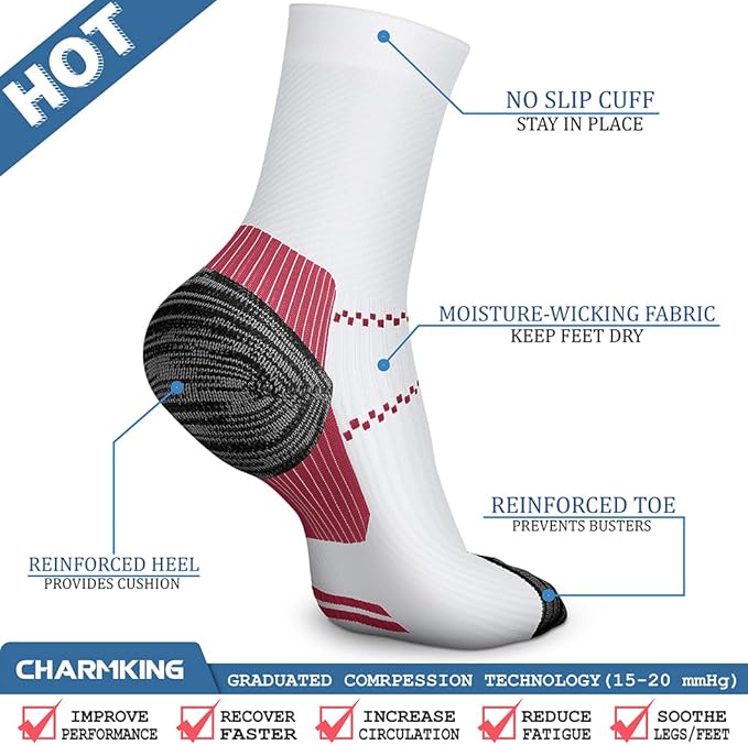 CHARMKING 6 Pairs Crew Compression Socks for Women & Men Circulation 15-20 mmHg is Best for All Day Wear Running Nurse - Image 5