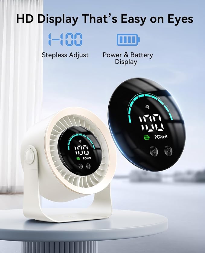 DIGIX Portable Desk Fan, 100 Speeds, 360° Rotation, USB Rechargeable | Quiet LED Display Table Fan with Wall Mount Design. Small Personal Cooling Fans for Home, Bedroom, Office & Travel, White - Image 7