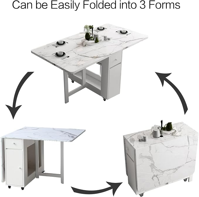 Folding Dining Table with Storage, Kitchen Table for Small Spaces | Foldable, Drop Leaf, Movable, 4 Wheels, Space Saving, Extendable, Marble Texture Top, for Apartment Kitchen Living Room White - Image 8