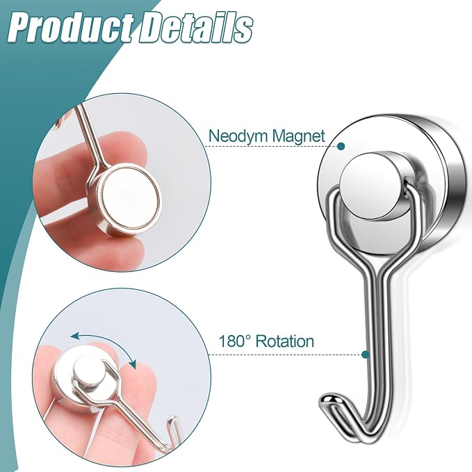 MAGXCENE 24 Pack Swivel Swing Magnetic Hooks, Strong Neodymium Magnetic Hooks Heavy Duty for Hanging, Rare Earth Magnet Hagner for Grill Classroom Cruise Kitchen Indoor Outdoor, 20mm in Diameter - Image 2