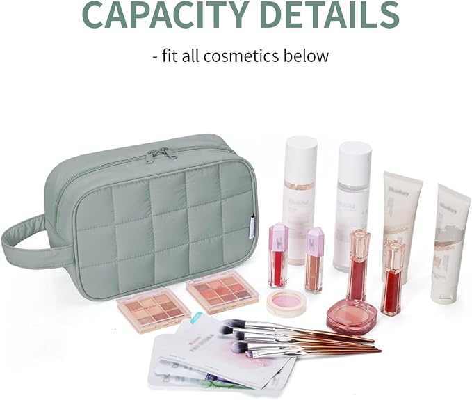 Narwey Quilted Makeup Bag Puffy Make up Bag Cosmetic Bag Organizer, Puffer Travel Toiletry Bag for Traveling Women Girl, Travel Bag for Toiletries, Skincare Medicine Bags (Sage Green) - Image 3