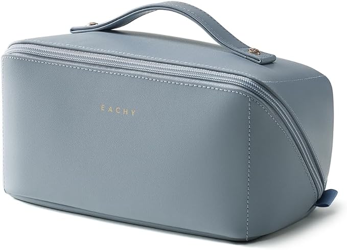 EACHY Travel Makeup Bag for Women, Flat Open Cosmetic Bag, Blue, Medium | PU leather organizer with flat-open access, storage pockets and clear TPU brush compartment for daily makeup and toiletries by EACHY