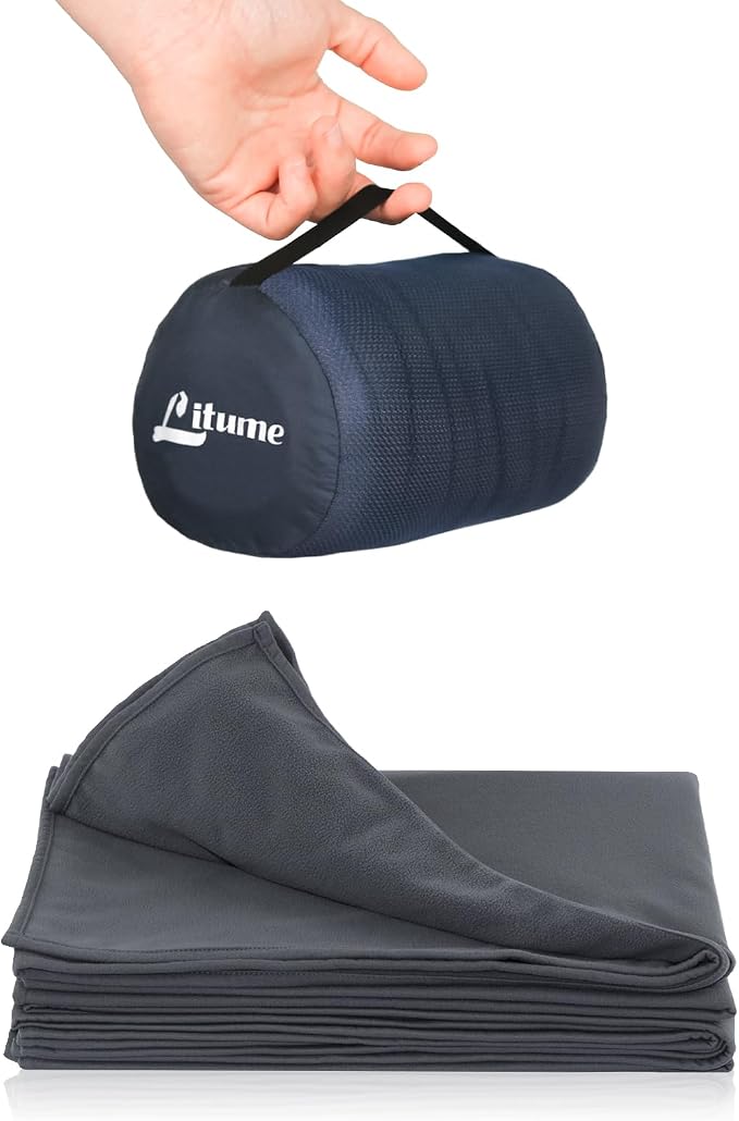 Travel Camping Blanket Lightweight and Breathable, 67 x 48 in Soft Airplane Flight Blanket for Travelers, Foldable Sheet with Stuff Sack for Train, Camp, backapcking, Office, Home (E651 Grey) by LitumeOutdoorCollection