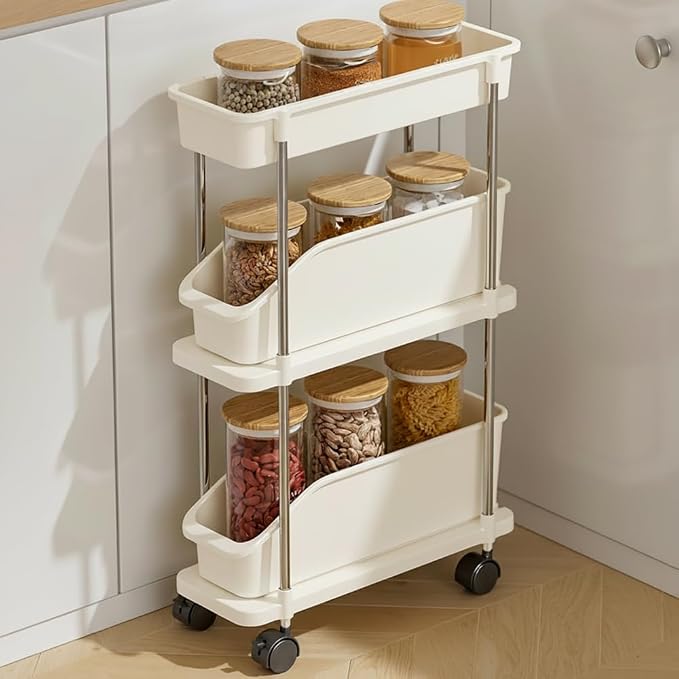 Slim Storage Cart 3 Tier Slim Rolling Utility Cart with Pull-Out Baskets & Wheels for Narrow Space in Kitchen Dining Room Bathroom Laundry Room Cream White (Width 6.3 Inches) by Betoveren