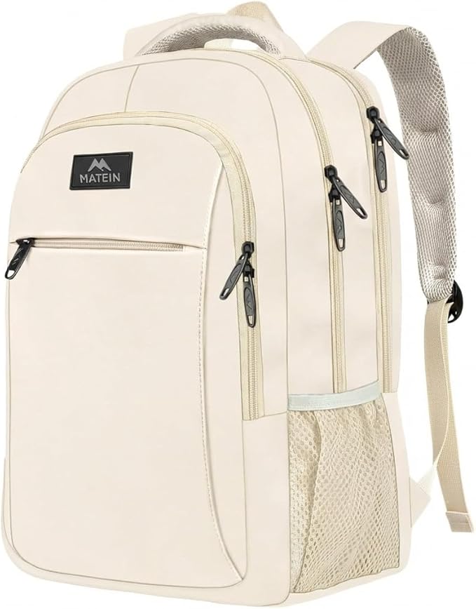 MATEIN Beige Women Backpack for Work, 15.6 Inch Slim Travel Laptop Bag | Fits 15.6 Inch Laptop, Water Resistant, Computer College Bag, Anti Theft Pocket, Gift for Teacher Nurse Office Worker by MATEIN