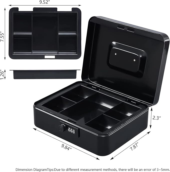 KYODOLED Large Cash Box with Combination Lock Safe Metal Money Box with Money Tray for Security Lock Box 9.84"x 7.87"x 3.54" Black - Image 5