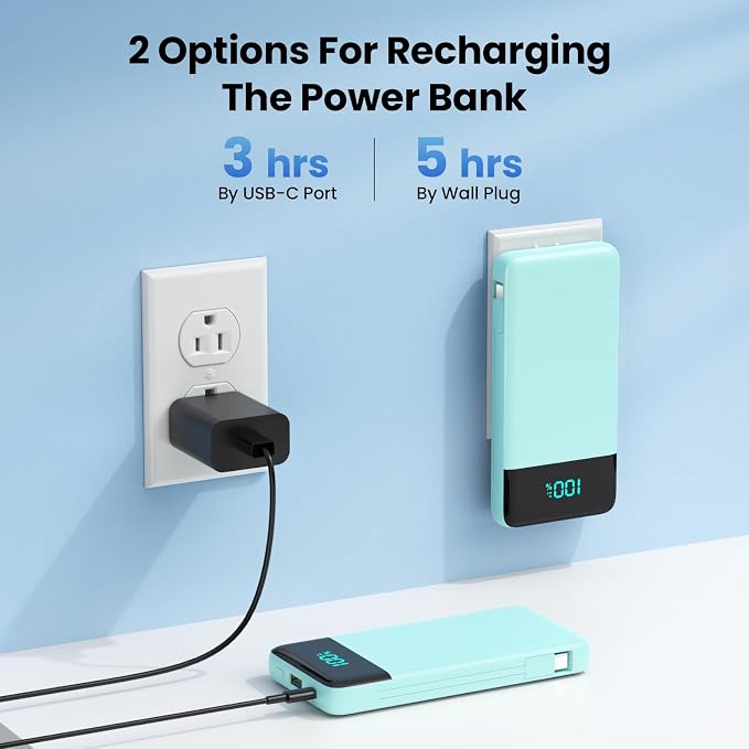 Portable Charger for iPhone with Built-in Cables and Wall Plug,Upgraded 13800mAh Fast Charging USB C Power Bank,4 Outputs Slim Travel Essentials Battery Pack for iPhone 17/16/14,Galaxy,Android-Green - Image 2