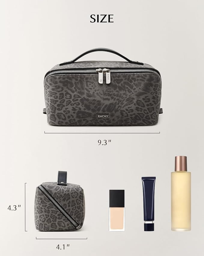 EACHY Travel Makeup Bag for Women, Flat Open Leopard Print Cosmetic Bag | Leopard-print PU leather cosmetic bag opens flat with dividers and clear TPU brush pocket for makeup and travel essentials - Image 2