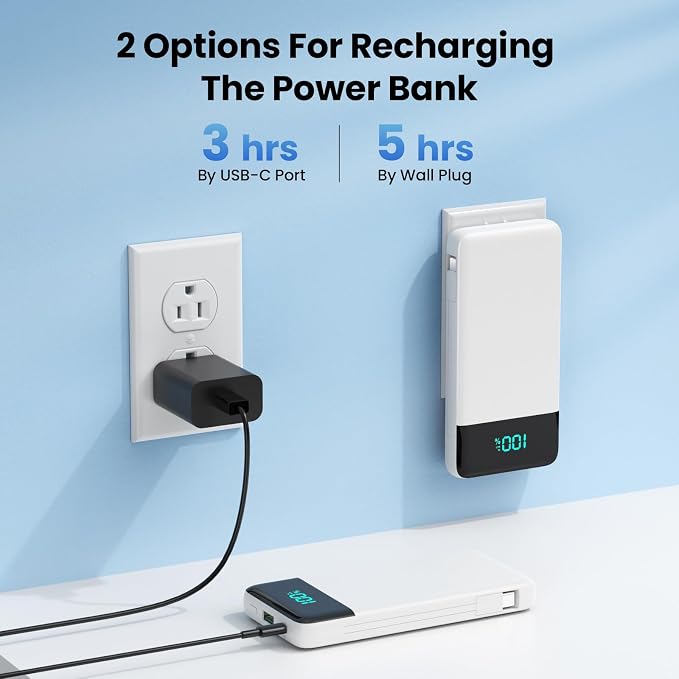Portable Charger for iPhone,13800mAh Slim Power Bank with Built-in Cables & AC Wall Plug,All in One 4 Outputs USB C Fast Charging Battery Pack Travel Essential for iPhone 17/16/15/14,Android (White) - Image 6