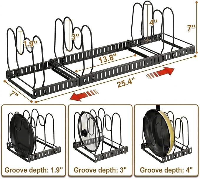 Pot and Pan Organizer Rack for Cabinet & Countertop, 3‑Tier Expandable Holder with 12 Adjustable Compartments, Kitchen Storage for Pan Lid, Cutting Board, Cookware & Bakeware, Black - Image 4