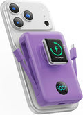 Magnetic Portable Charger 10800mAh with Built-in Cables,Wireless Power Bank for Magsafe,25W PD Fast Charging USB-C Travel Essentials Battery Pack for iPhone 17/16/15/14/13/12 Series,Apple Watch-Purple by HETP