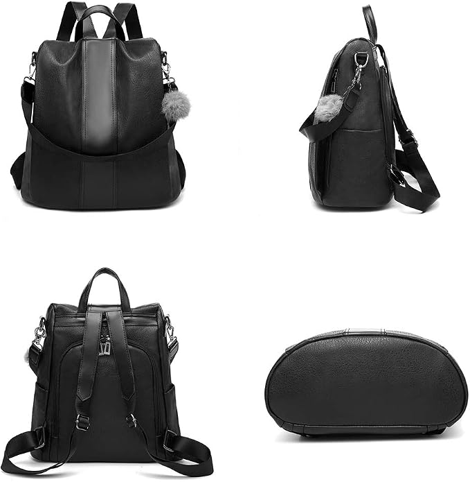 Women Backpack Purses PU Leather Anti-theft Rucksack Waterproof Daypack Casual Shoulder Satchel Bag (Black) - Image 2
