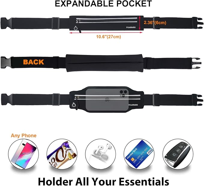 U·LANARO Slim Running Belt Fanny Pack Running Phone Holder Waist Band Pouch | Fits ALL Phones | Non Chafing | Adjustable | Light | Expandable Pocket | Runners Gear Accessories | Men Women | Money Belt - Image 3
