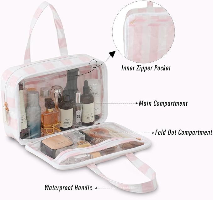 Toiletry Bag for Women, White and Pink Stripe | Clear Coated,Waterproof,Multiple Compartment,Open Flat,Handle,Travel Organizer for Shampoo,Conditioner,Cosmetic Accessories - Image 2