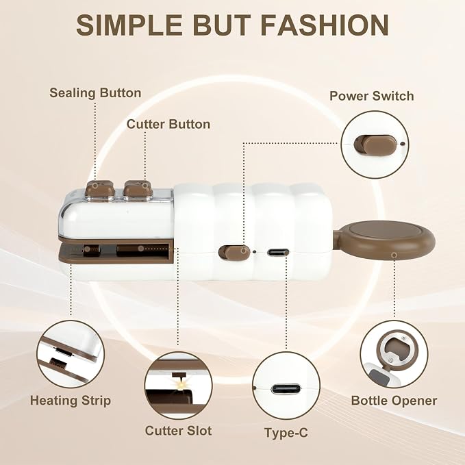 4 in 1 Mini Bag Sealer, Upgraded Mini Bag Sealer with Cutter and Magnet, USB C Rechargeable Chip Bag Sealer for Plastic Snack Bags, Bag Sealer Handheld for Food & Kitchen Storage (White) - Image 3
