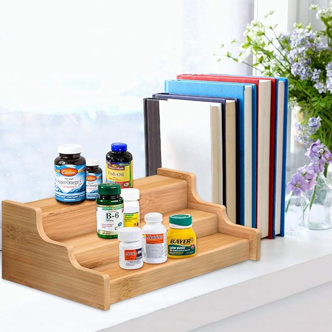 Spice Rack Kitchen Cabinet Organizer- 3 Tier Bamboo Expandable Display Shelf Yellow - Image 4